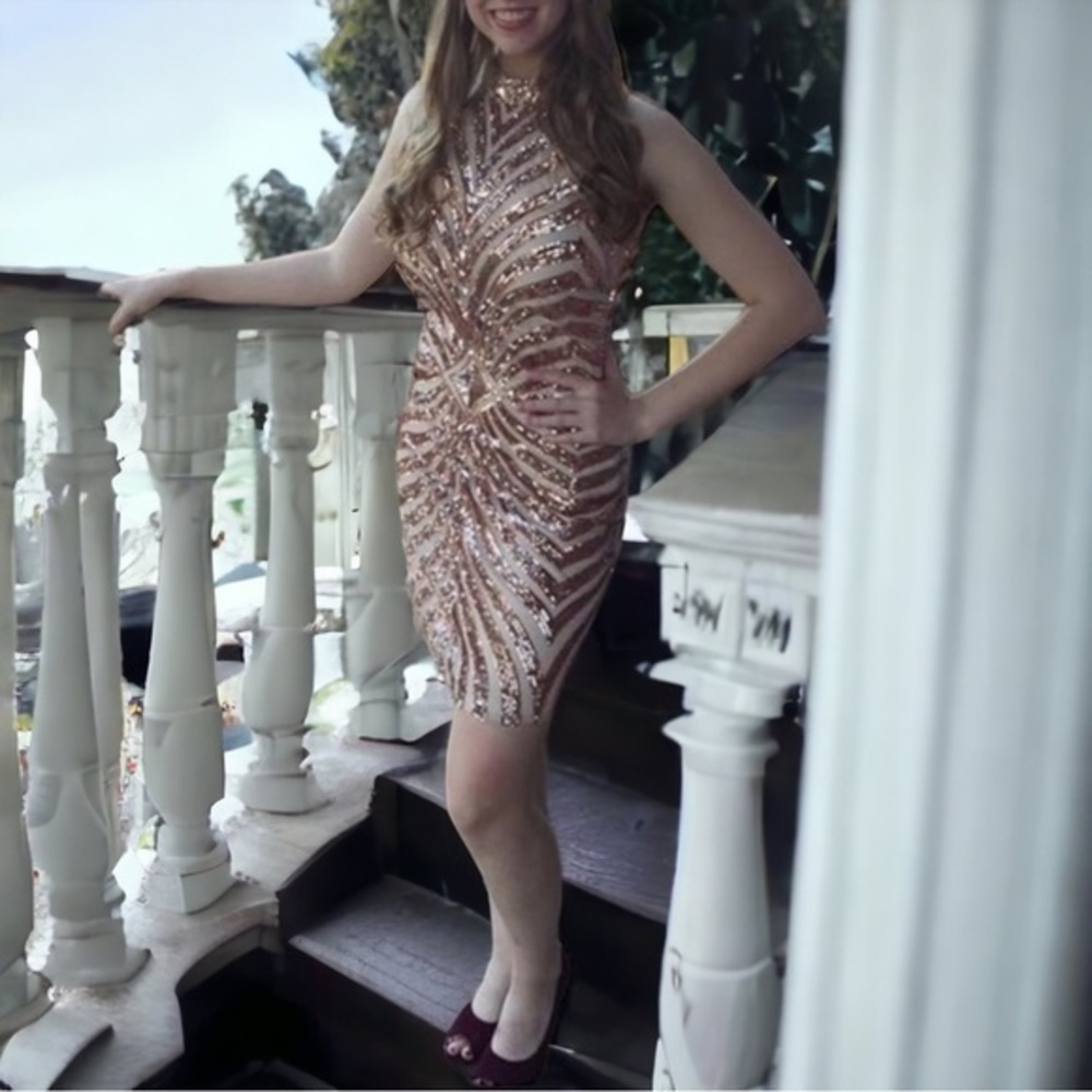 Rose Gold Sequin Halter Dress EUC Size Medium